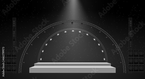 white stage and speaker with spotlight on the truss system in the night