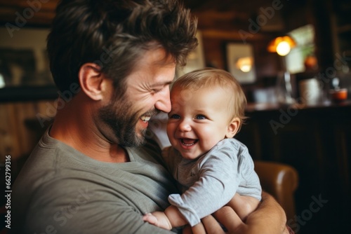 Portrait of caucasian father with newborn baby girl, Generative AI photo