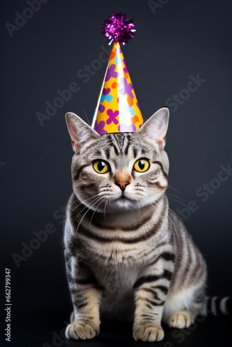 cute american shorthair cat with birthday party hat looking at camera against black studio background.