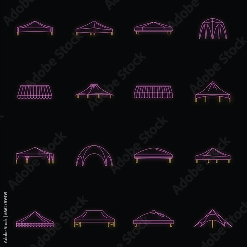 Canopy shed overhang icons set. Outline illustration of 16 canopy shed overhang vector icons neon color on black