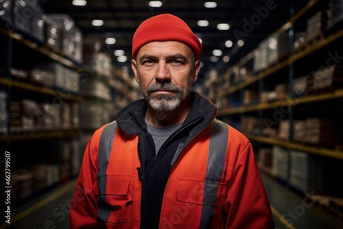 Portrait of caucasian warehouse worker standing in large warehouse distribution background, Generative AI