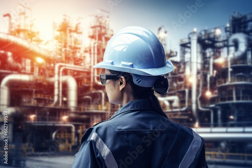 Portrait of engineer woman / man or architect with safety helmet in construction site, Generative AI
