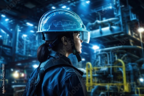 Portrait of engineer woman / man or architect with safety helmet in construction site, Generative AI