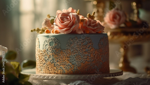 Gourmet dessert with fresh baked chocolate cake and floral decoration generated by AI