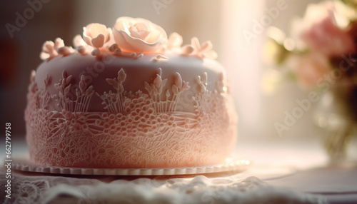 Sweet gourmet indulgence: chocolate baked cake with fresh fruit decoration generated by AI