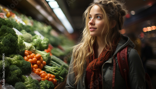 Young woman choosing fresh organic vegetables at a supermarket generated by AI