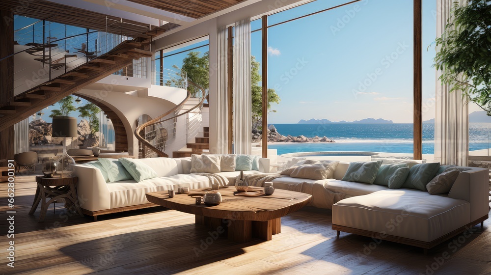 A living room modern beach house with swimming pool and terrace. A living room modern beach house with swimming pool and terrace.