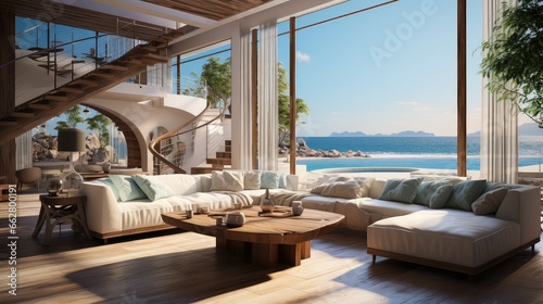 A living room modern beach house with swimming pool and terrace. © Suwanlee