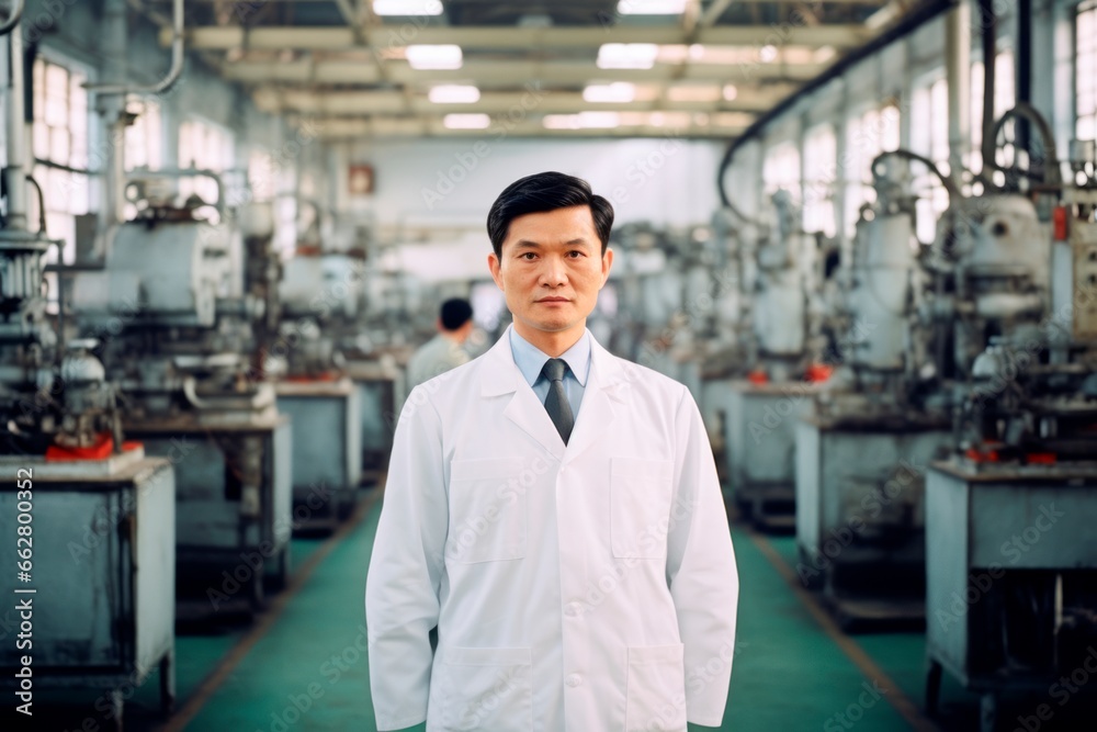 Asian engineer in a laboratory stands in front of various equipment