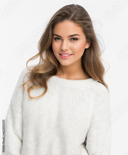 A girl in a sweater on a white background.
