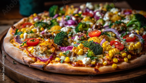 Freshly baked homemade pizza with healthy vegetables on rustic wood table generated by AI