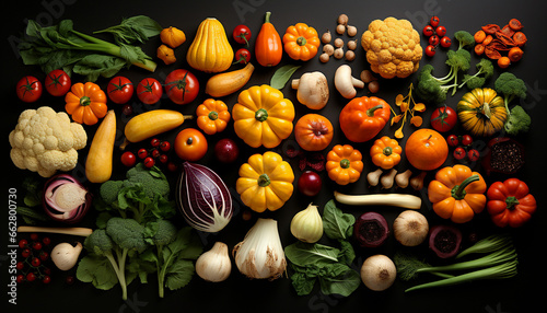 Freshness of nature bounty tomato, pumpkin, onion, garlic, carrot, cauliflower generated by AI