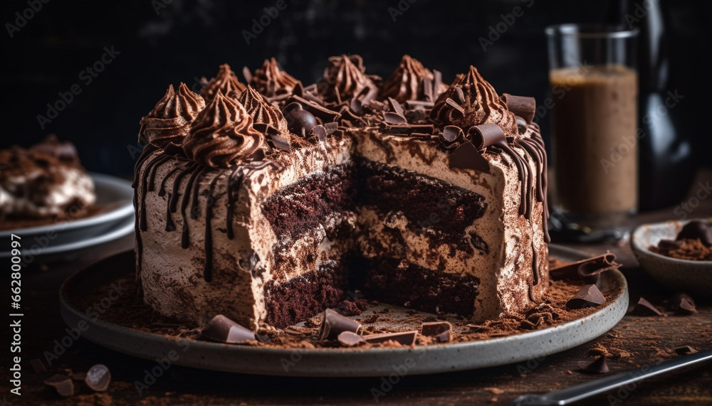 A close up of a decadent chocolate brownie slice on a plate generated by AI A close up of a decadent chocolate brownie slice on a plate generated by AI