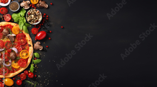 delicious italian pizza on black concrete background. Copy space. Top view. Food ingredients and spices for cooking mushrooms, tomatoes, cheese, onion, oil, pepper, salt and basil.