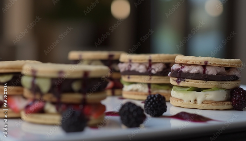 A stack of homemade baked pastries with whipped cream decoration generated by AI A stack of homemade baked pastries with whipped cream decoration generated by AI