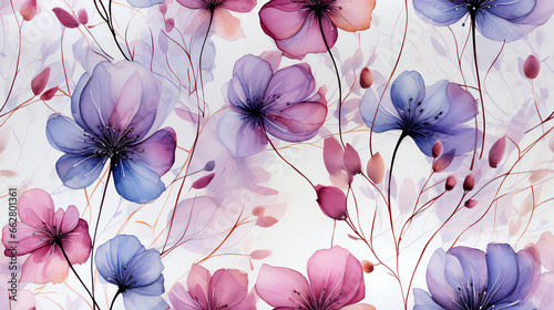 Fototapeta Naklejka Na Ścianę i Meble -  Seamless pattern of watercolor flowers with colorful botanical leaf background. Watercolor colorful tie dye pattern. Abstract art seamless textile print design