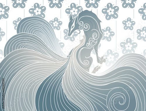 vector abstract illustration of japanese fantasy creature nine tailed fox kitsune in light gradient colours