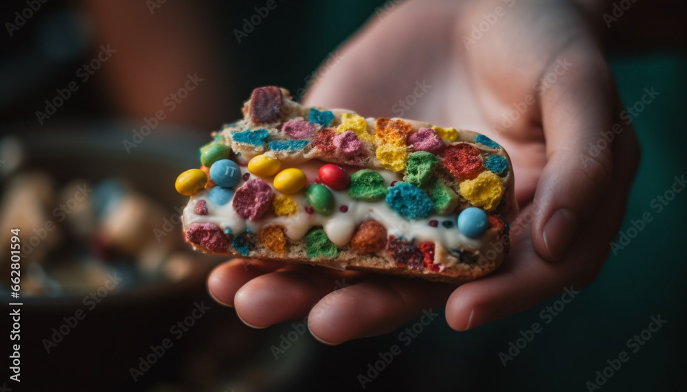 Hand holding homemade multi colored cookie with fun decoration and freshness generated by AI Hand holding homemade multi colored cookie with fun decoration and freshness generated by AI