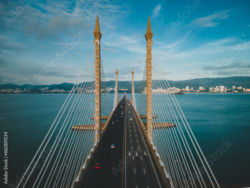 Принти на полотні Penang bridge architecture aerial top down view during sunrise.