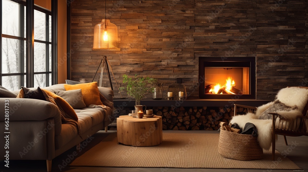 The interior of the cozy country-style living room with a modern sofa with fireplace creates a warm inviting atmosphere in dark tones.