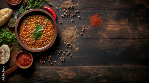 The traditional soup of Turkish cuisine is lentil soup, a thick, aromatic and spicy dish with red pepper and a slice of lemon to add to the soup. Turkish cuisine dish Chorba, flat lay with copy space photo