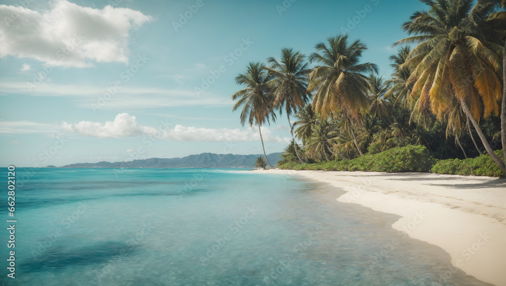 A serene beach scene with palm trees and crystal-clear blue water