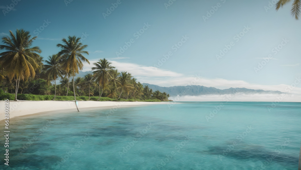 Fototapeta premium A serene beach scene with palm trees and crystal-clear blue water