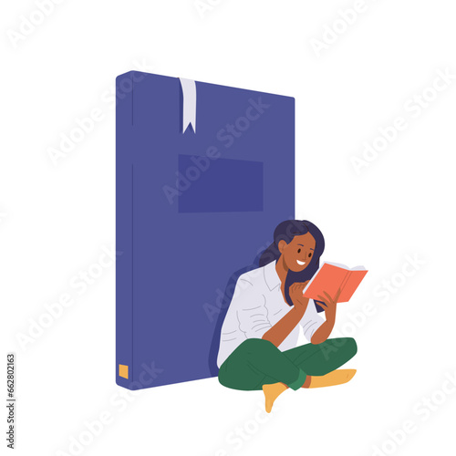 Excited teenager girl cartoon character reading book with admiration enjoying useful hobby