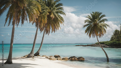 A serene beach scene with palm trees and crystal-clear blue water