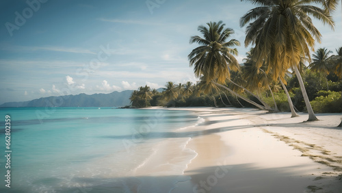 A serene beach scene with palm trees and crystal-clear blue water © Jonah