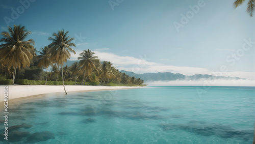 A serene beach scene with palm trees and crystal-clear blue water