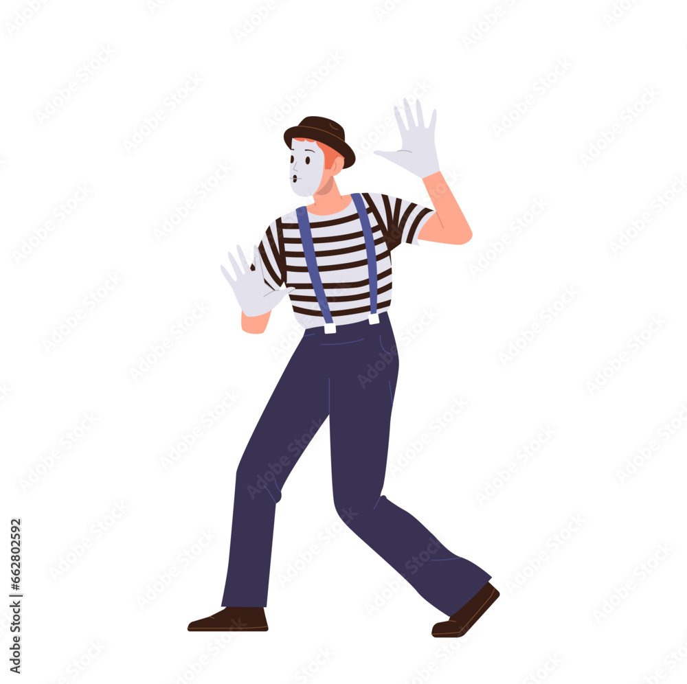 Male mime actor cartoon character with face makeup wearing cute costume performing comedy on street