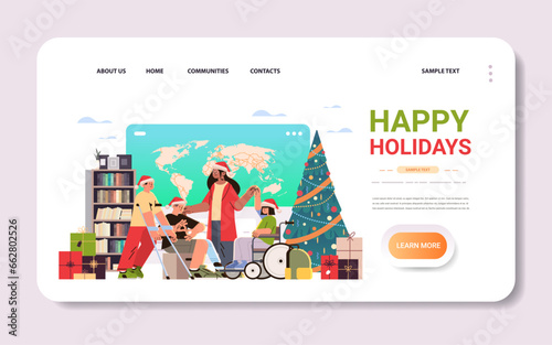 group of disabled men and women in santa claus hats meeting with special needs teacher in inclusive classroom feeling positive and confident people with disabilities