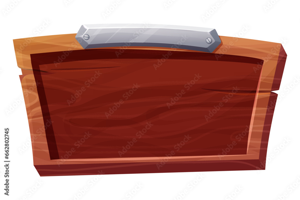 Wood panel with metal border, frame in cartoon style isolated on white background. Signboard bar, menu template, game ui background. Wood panel with metal border, frame in cartoon style isolated on white background. Signboard bar, menu template, game ui background.