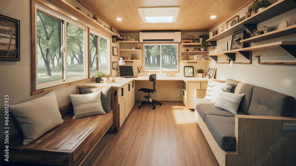 An interior image of a cozy and well-furnished container tiny house, demonstrating that small spaces can offer comfort and convenience. Ideal for lifestyle and home decor promotions. An interior image of a cozy and well-furnished container tiny house, demonstrating that small spaces can offer comfort and convenience. Ideal for lifestyle and home decor promotions.