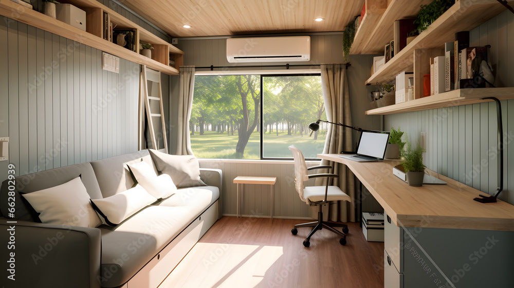 Fototapeta premium An interior image of a cozy and well-furnished container tiny house, demonstrating that small spaces can offer comfort and convenience. Ideal for lifestyle and home decor promotions.