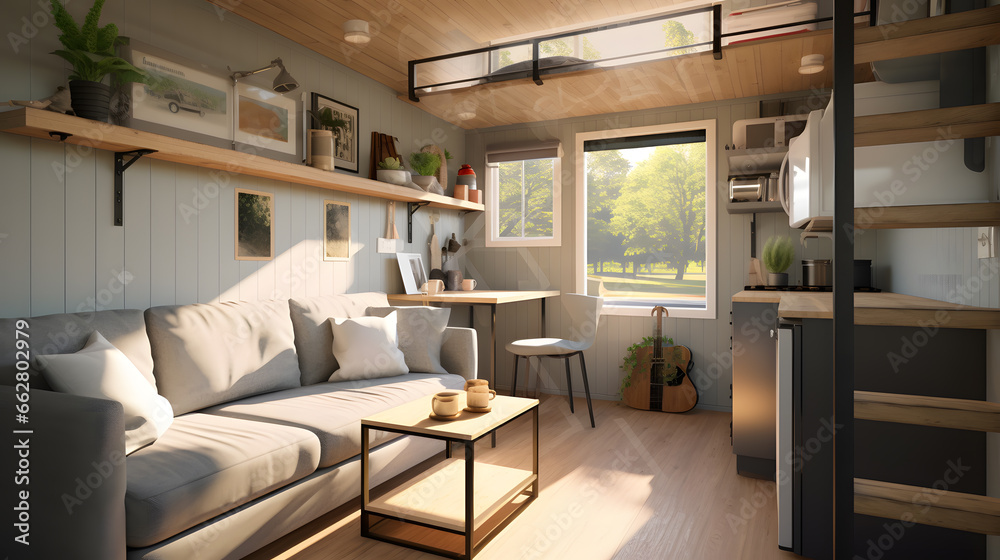An interior image of a cozy and well-furnished container tiny house, demonstrating that small spaces can offer comfort and convenience. Ideal for lifestyle and home decor promotions. - obrazy, fototapety, plakaty 