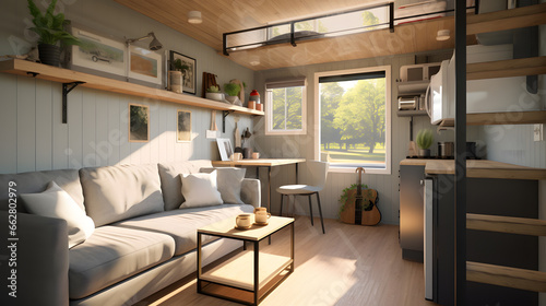 An interior image of a cozy and well-furnished container tiny house, demonstrating that small spaces can offer comfort and convenience. Ideal for lifestyle and home decor promotions. photo