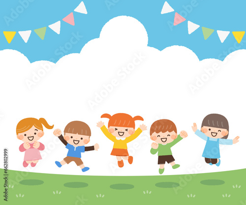 ジャンプをする元気な子供達と青空のイラスト素材