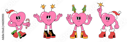Merry Christmas and Happy New year characters in trendy groovy retro cartoon style. Happy hearts with faces in funny costumes and high heel boots. Sticker pack of comic characters.