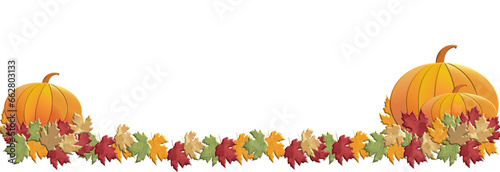 Dry Maple leaves and two pumpkin frame - autumn - Fall - happy  thanksgiving  for website, email, greeting card, presentation, book, t-shirt, sweatshirt, sticker,, gift wrap,, banner, sublimation,
