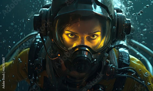 The cyberpunk portrait showcases a deep sea female diver in futuristic gear.