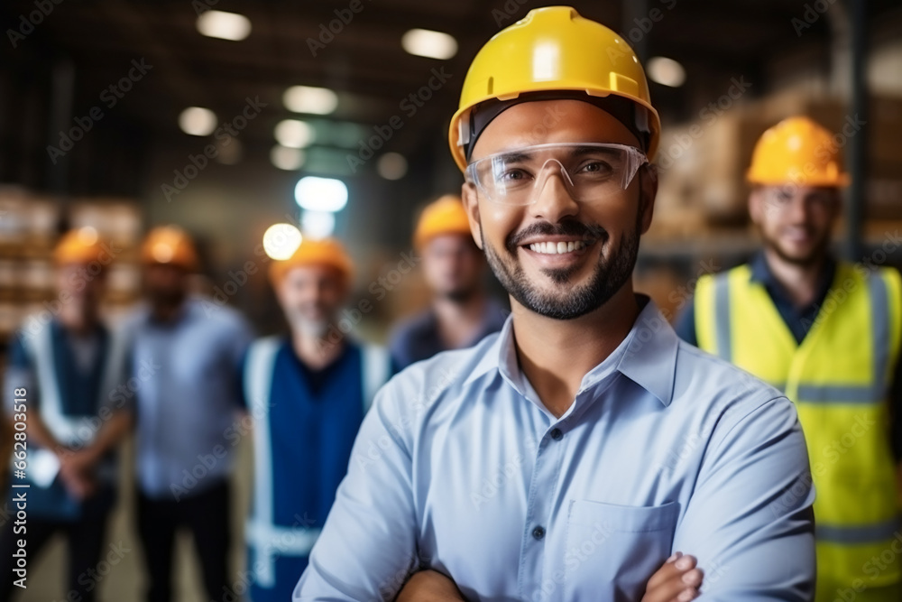 male engineer wear safety helmet cross his arms smiling to camera with his team on background . male engineer wear safety helmet cross his arms smiling to camera with his team on background .