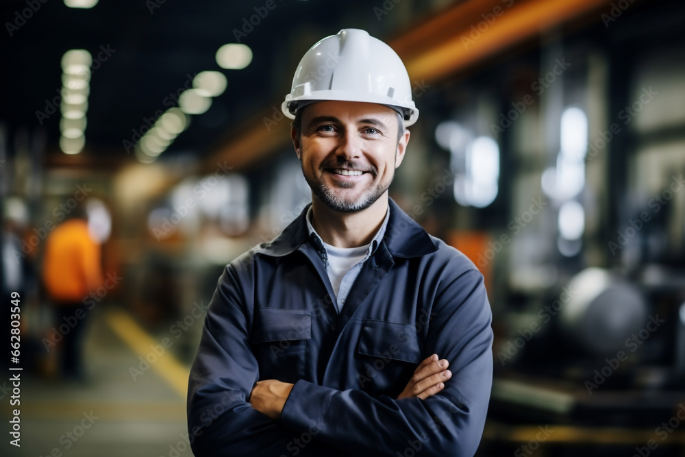male engineer wear safety helmet cross his arms smiling to camera in industrial factory. male engineer wear safety helmet cross his arms smiling to camera in industrial factory.
