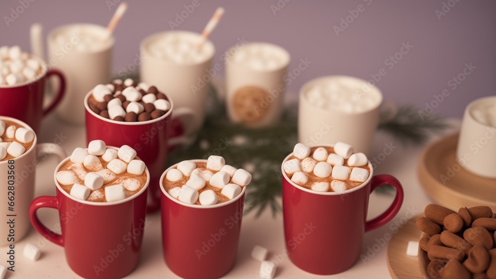 A Table Topped With Hot Chocolates And Marsh A Table Topped With Hot Chocolates And Marsh