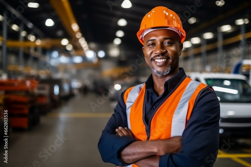 male engineer wear safety helmet cross his arms smiling to camera in industrial factory. © sattawat