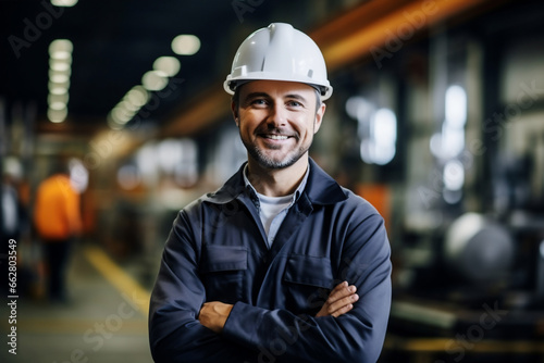 male engineer wear safety helmet cross his arms smiling to camera in industrial factory.