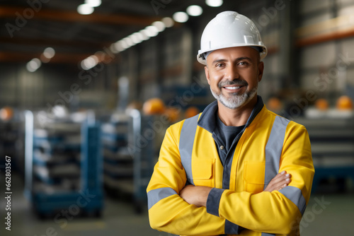 male engineer wear safety helmet cross his arms smiling to camera in warehouse .
