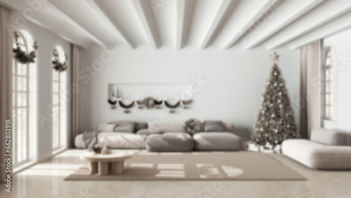 Blurred background  minimal modern living room with parquet and vaulted ceiling  Christmas tree and decors  winter  new year scandinavian interior design
