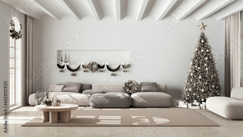 Modern living room with sofa and carpet, parquet and vaulted ceiling. Christmas tree and presents, white and beige scandinavian minimalist interior design